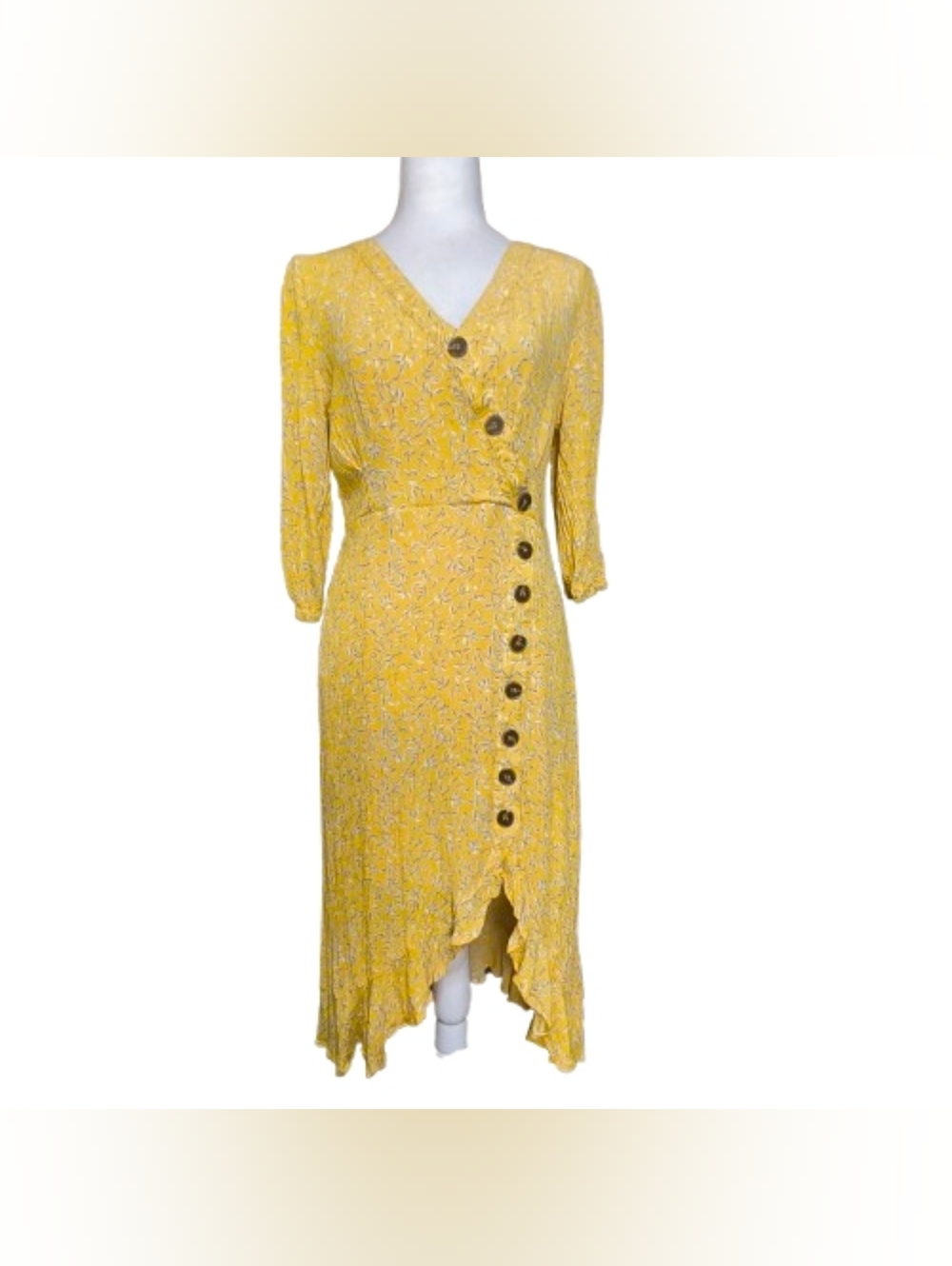 In Loom Yellow Floral Midi Dress Button Front Boho Flowy M